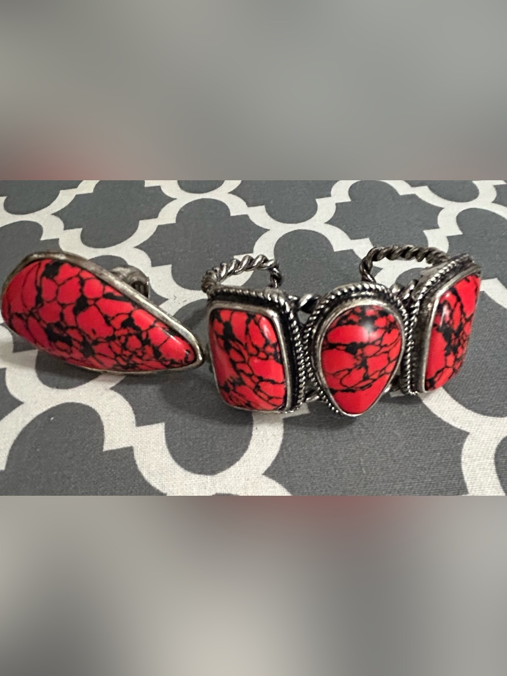 Red Stone Silver-Tone Statement Ring and Bracelet